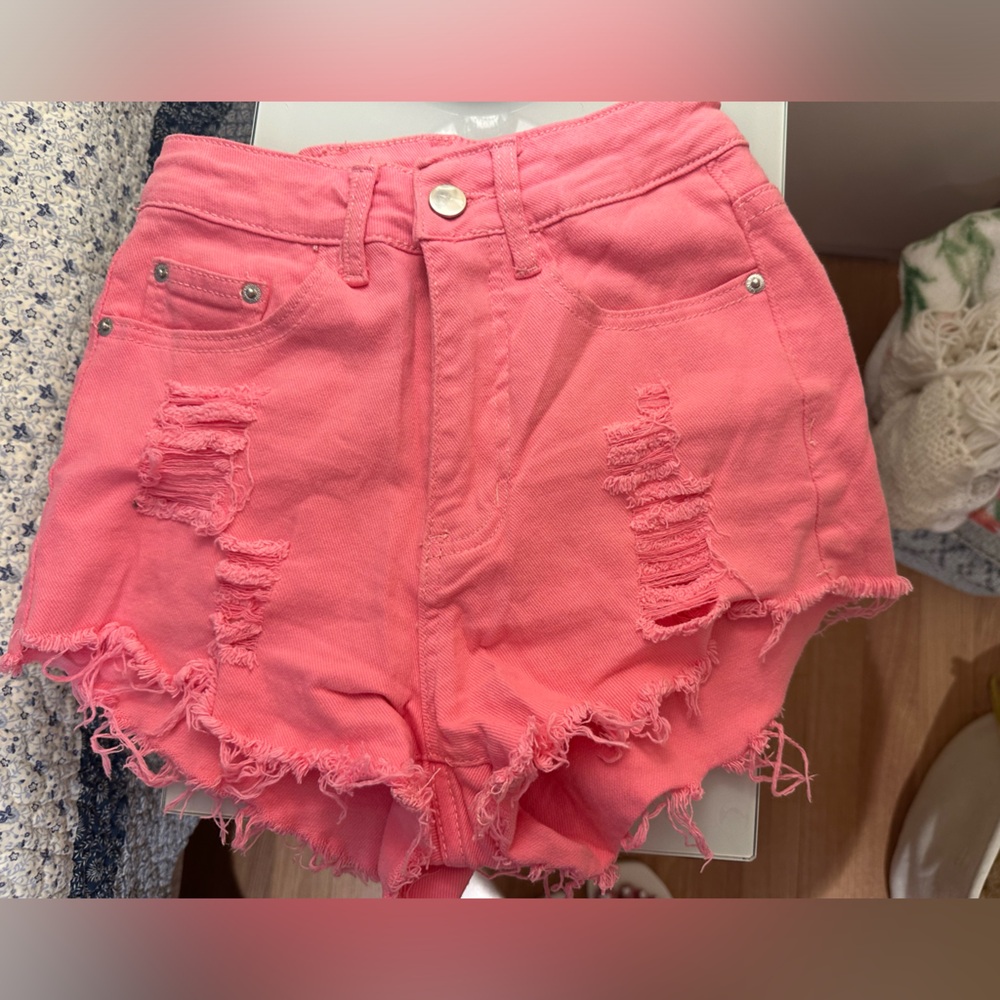 SHEIN Worn Once Size 0-2 Pink Jean Shorts with Ruffled Hem